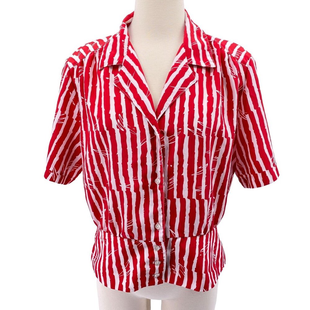 Vintage Russ Banded hem red white‎ stripe button front blouse top size Medium